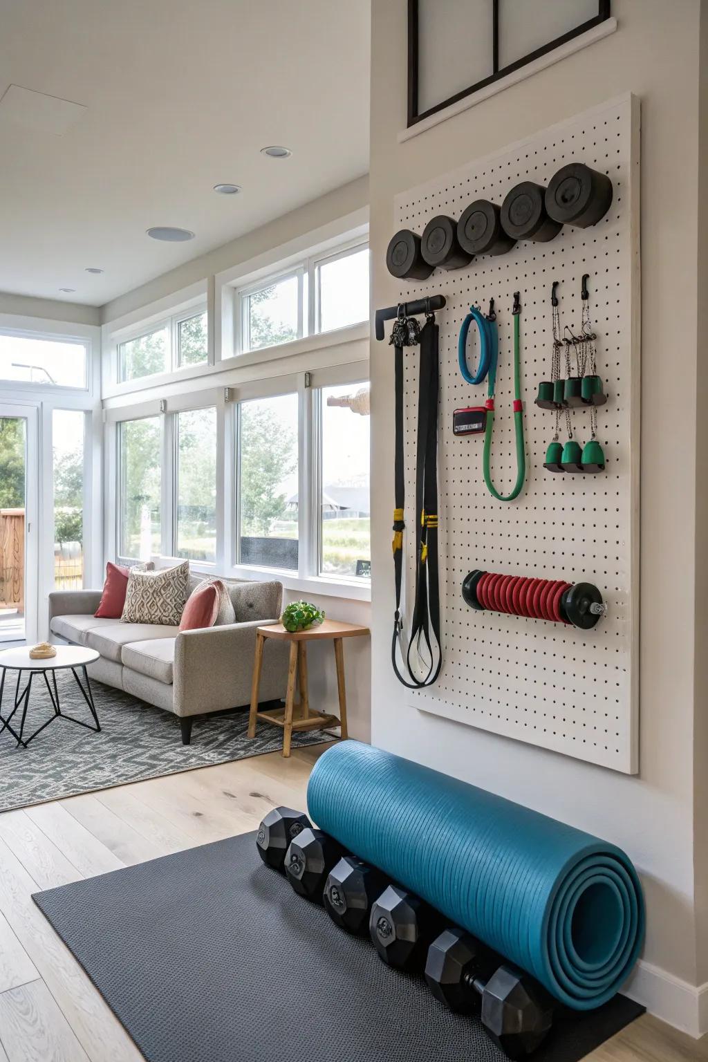 Wall-mounted pegboards offer an elegant and practical storage solution.
