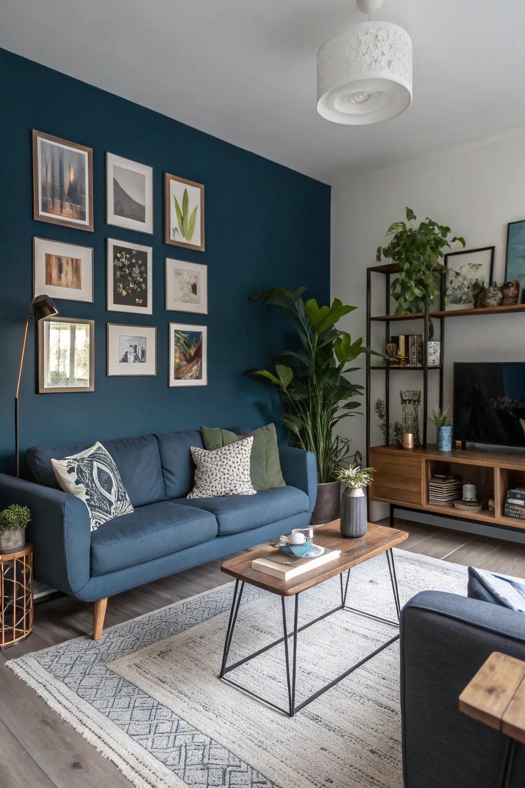 A compact living area featuring a rich blue focus wall that enhances depth.