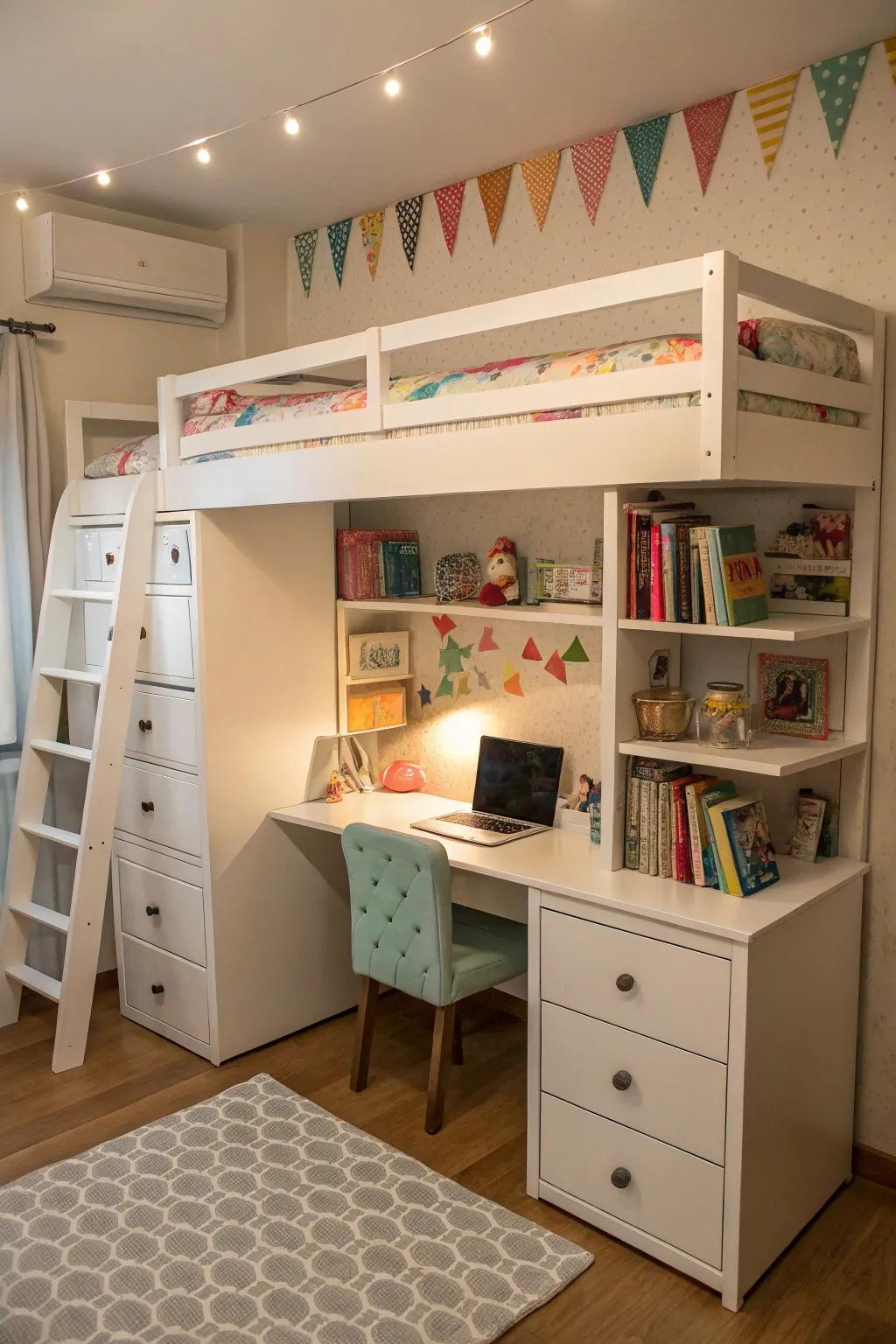 Loft beds combine sleeping, studying, and storage in one compact design.