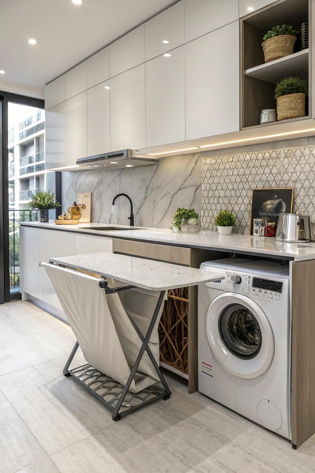 A modern kitchen with a foldable countertop functioning as a convenient laundry folding zone.