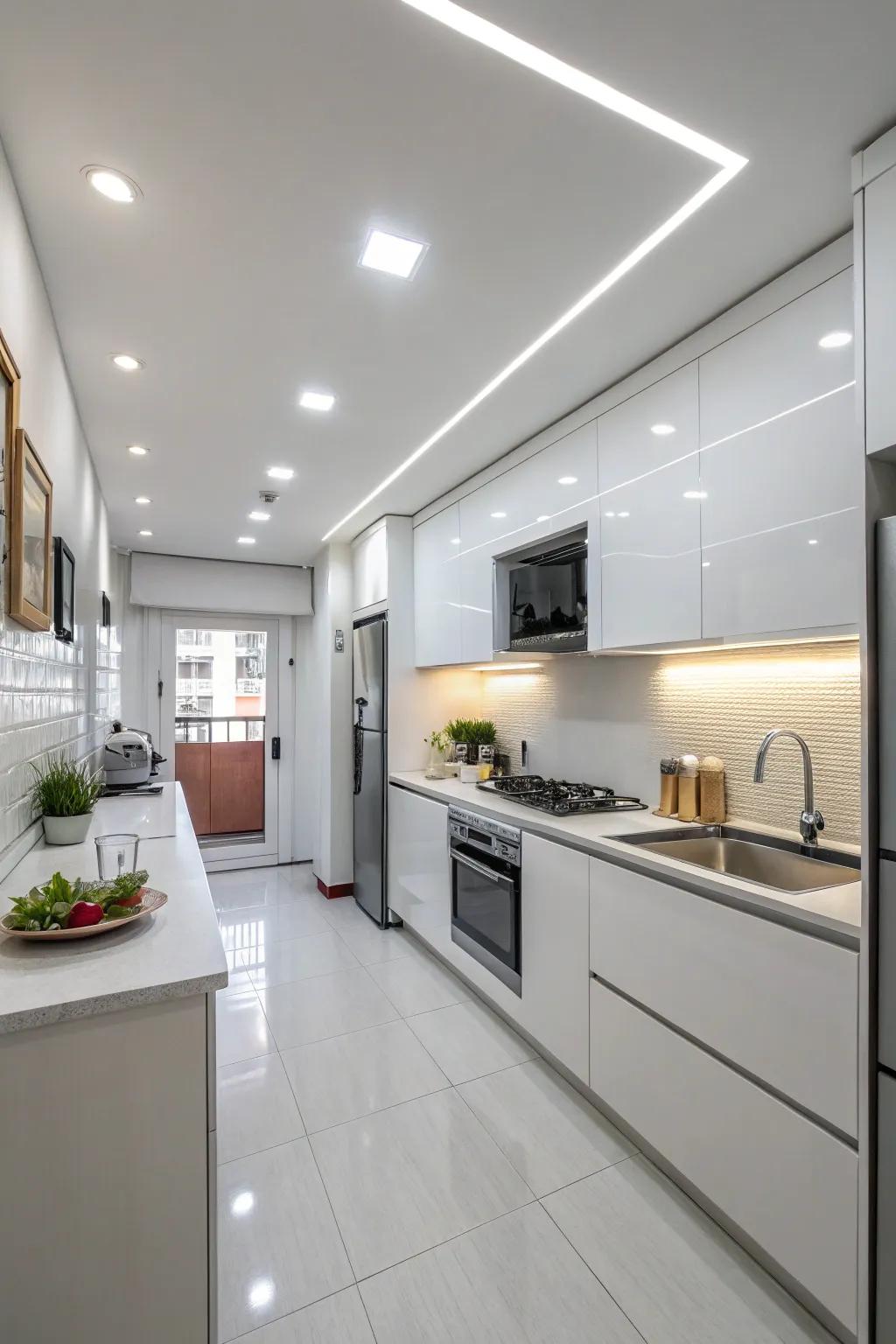 Recessed lighting ensures a small kitchen remains bright and free from clutter.