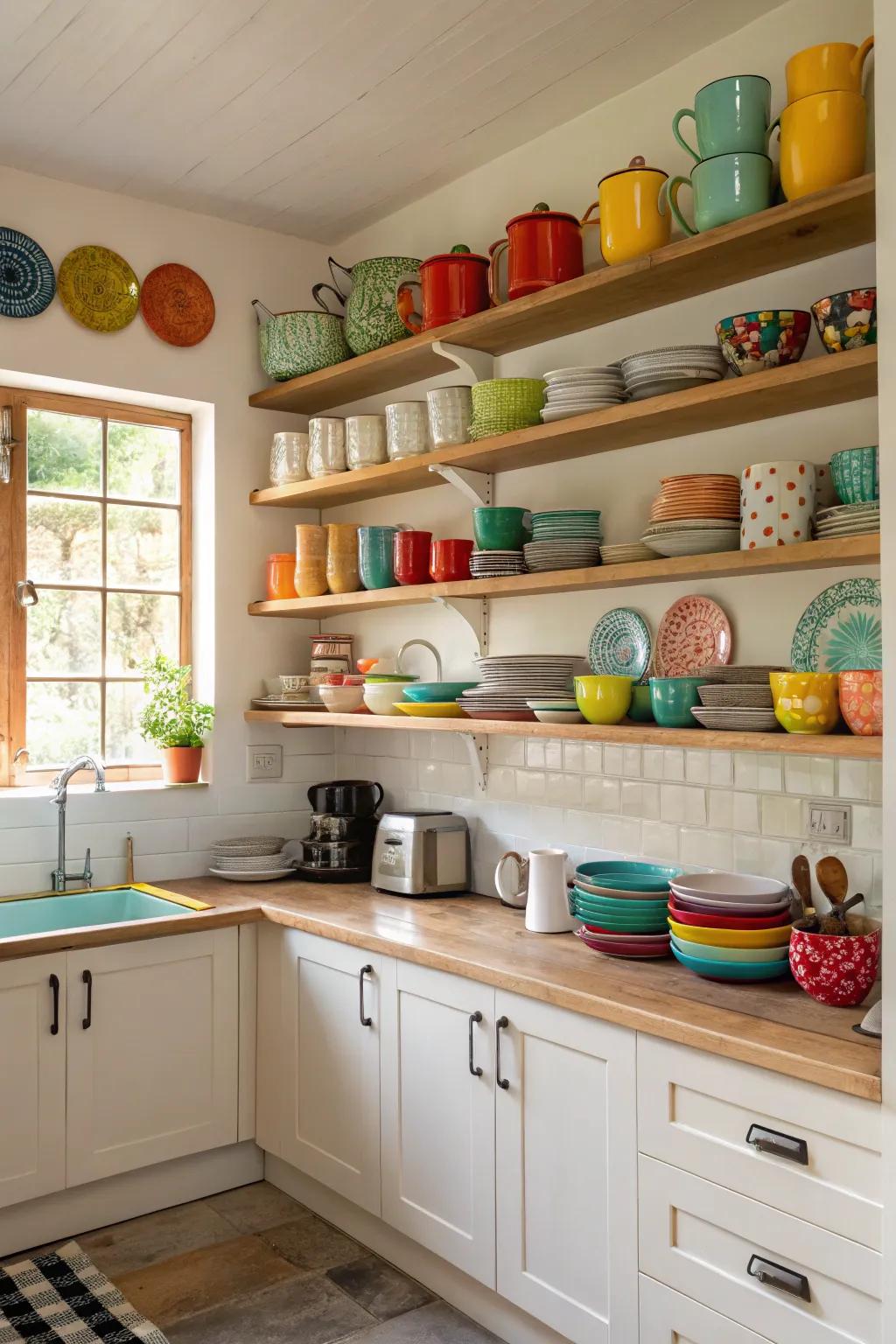 Display shelves infuse charm and utility into your compact kitchen.