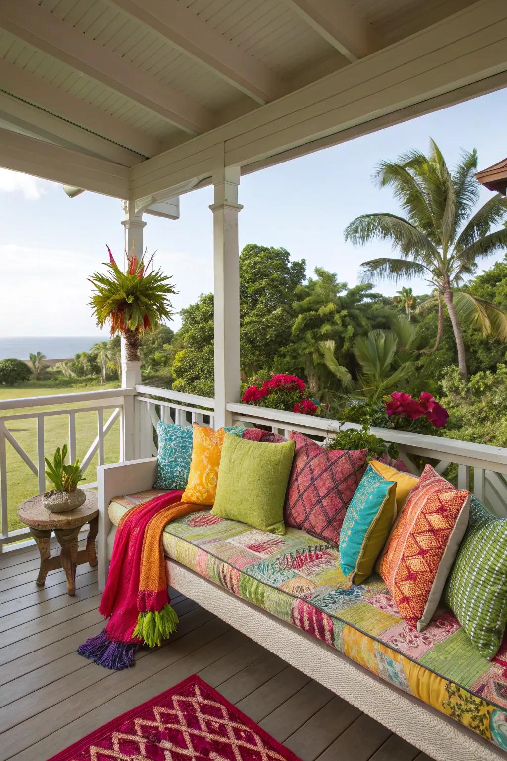 Brighten up your lanai with vibrant cushions and throws for a lively feel.