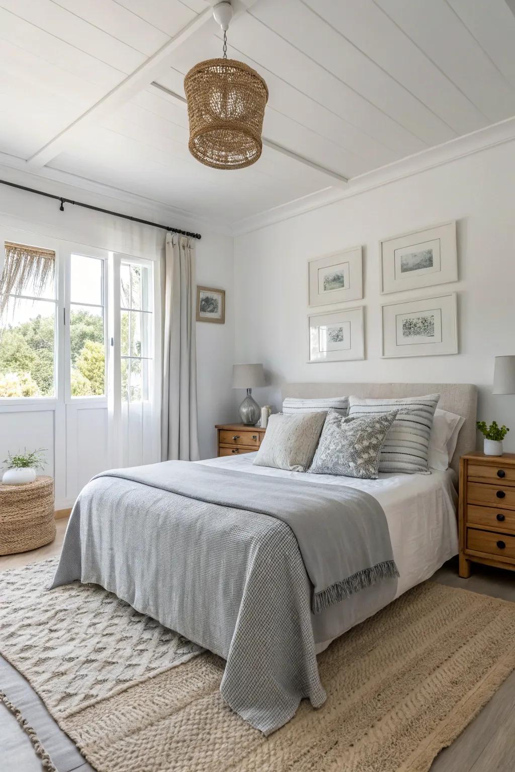 Soft colors conjure an illusion of amplified space within a modest master bedroom.