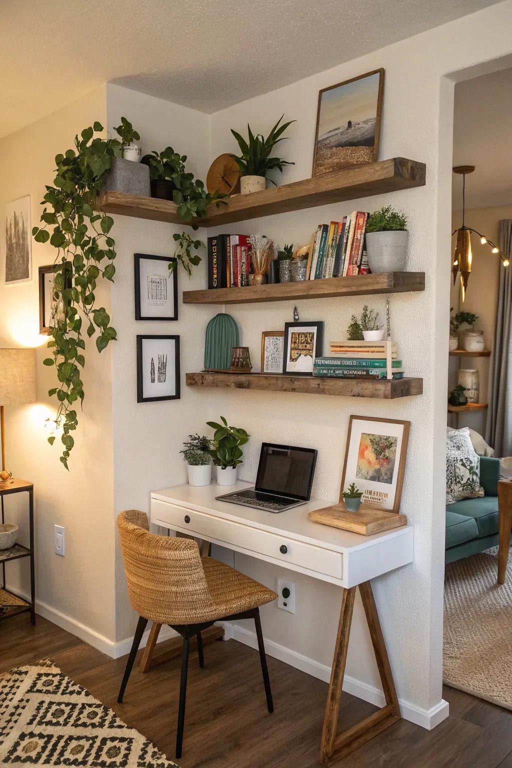 Wall-mounted shelves introduce flair and utility to your corner office.