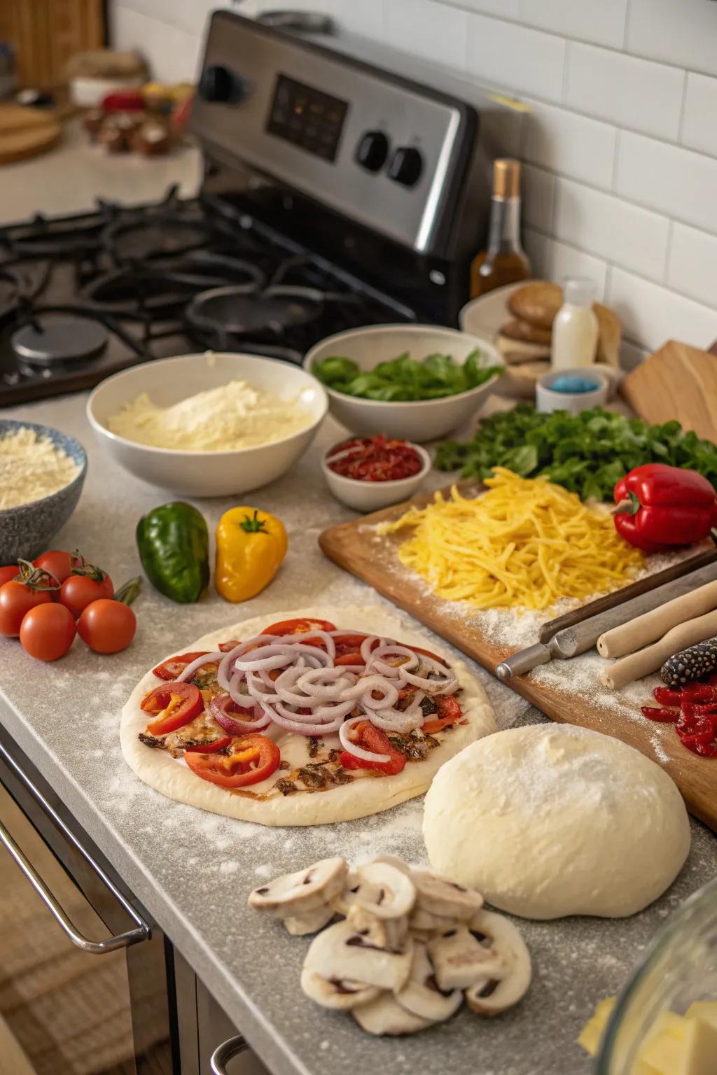 DIY pizza section is prepared for guests to personalize their pies.