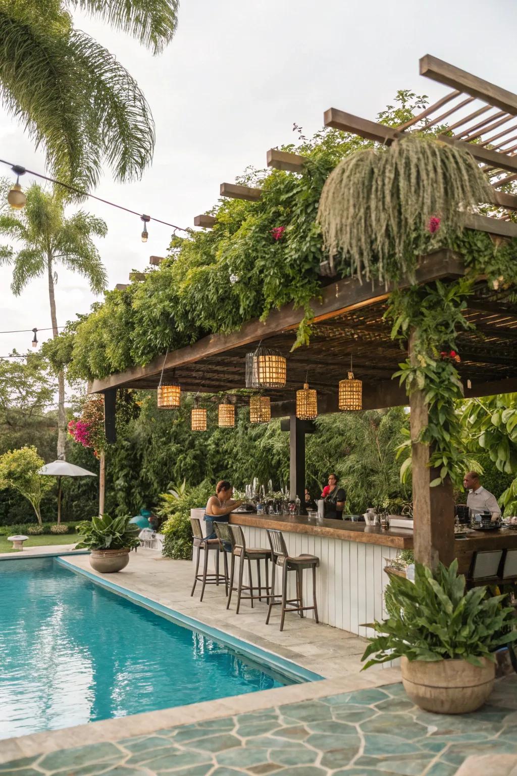 A pergola adds both beauty and usefulness, transforming your pool bar into a welcoming haven.