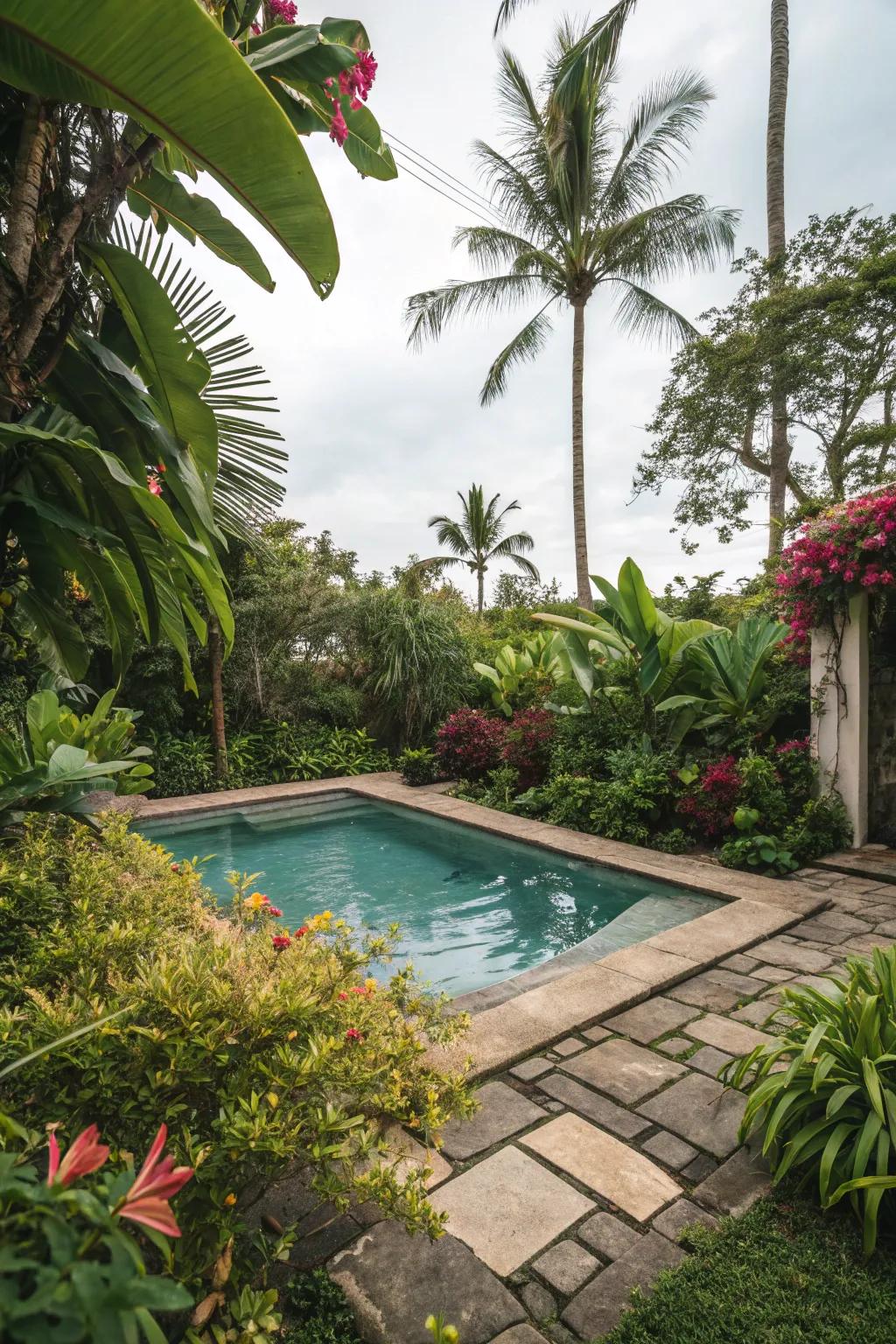 Convert your pool setting into a verdant retreat featuring rich foliage and lively green shades.