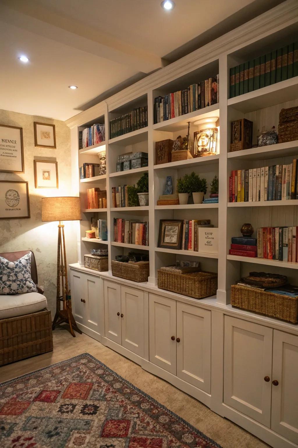 Vertical shelving makes efficient use of limited space.