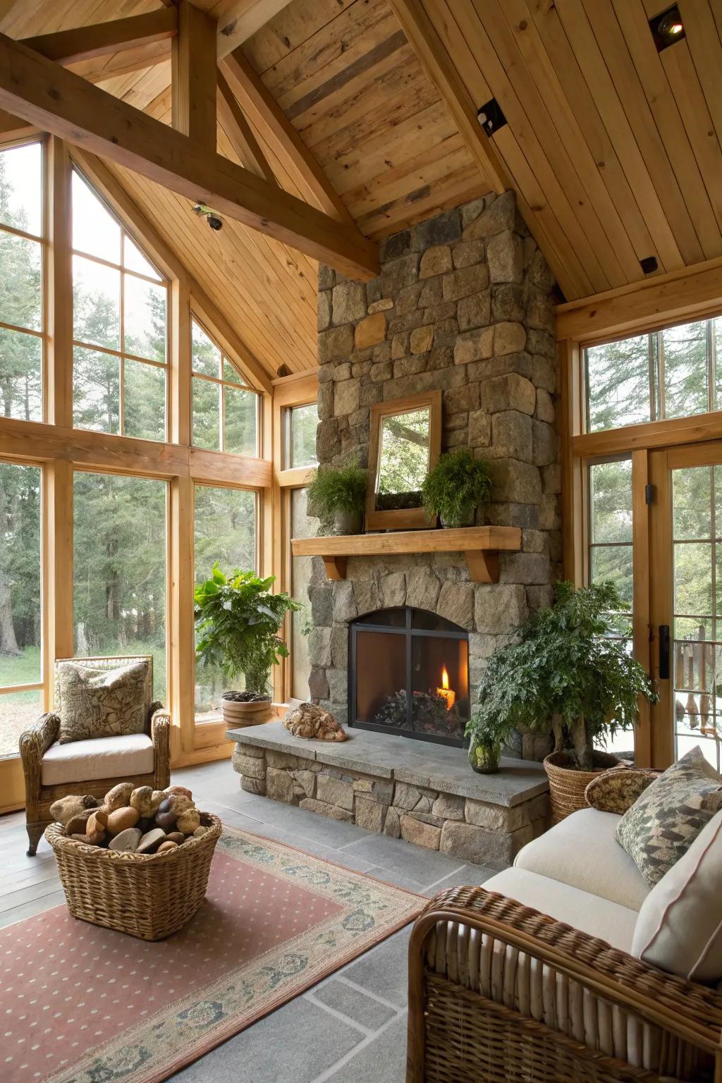 A stone hearth adds warmth and a classic touch to any sunroom.