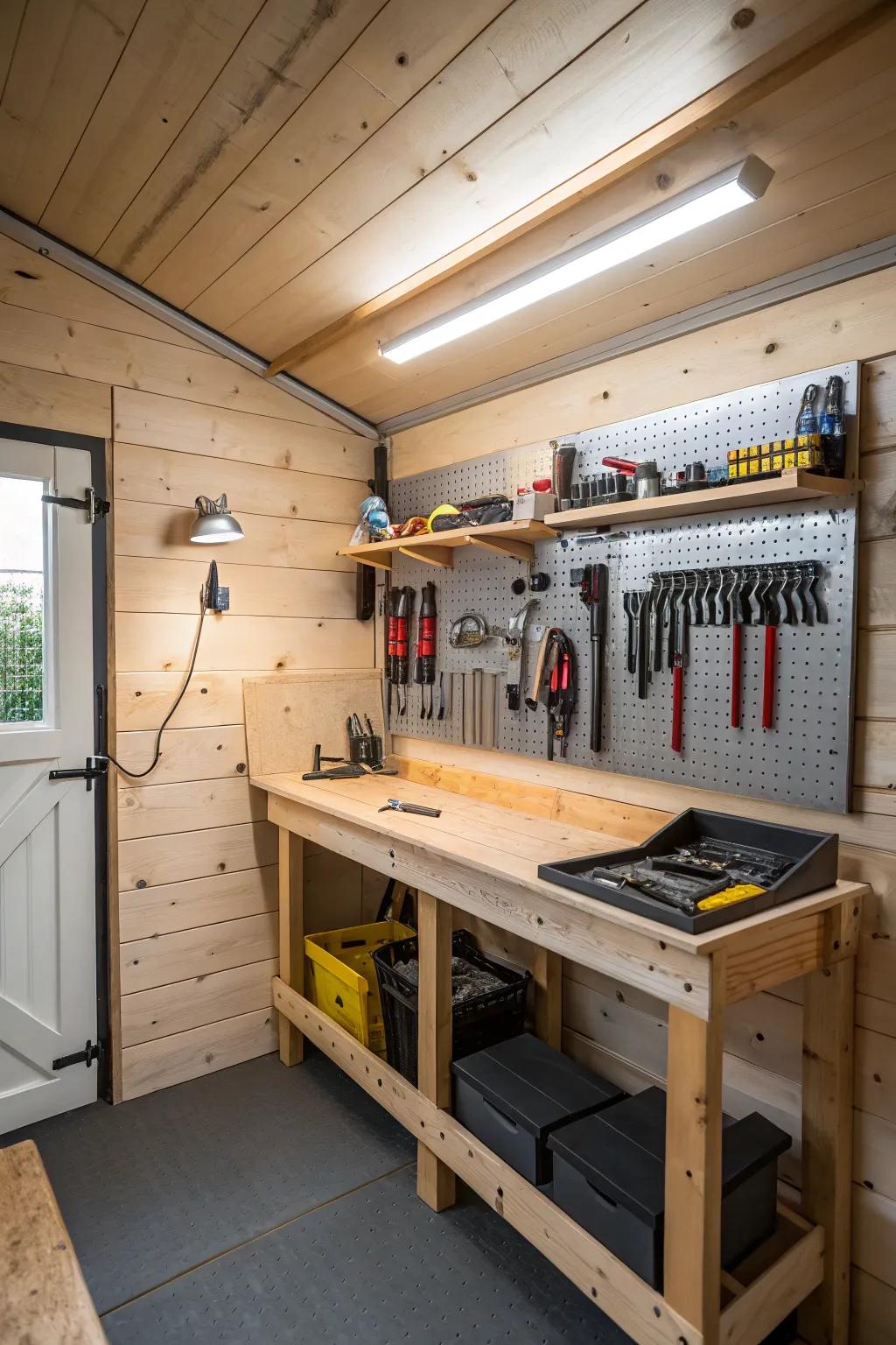 A neatly arranged workshop area in a small shed.