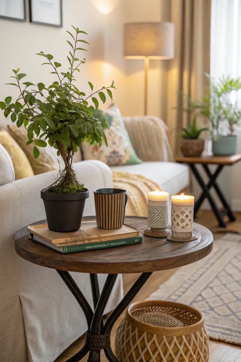 A vibrant houseplant brings outdoor charm to a chic side table.