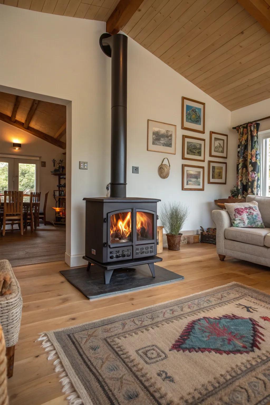 A see-through hearth heater gracefully divides and warms an open-plan living space.