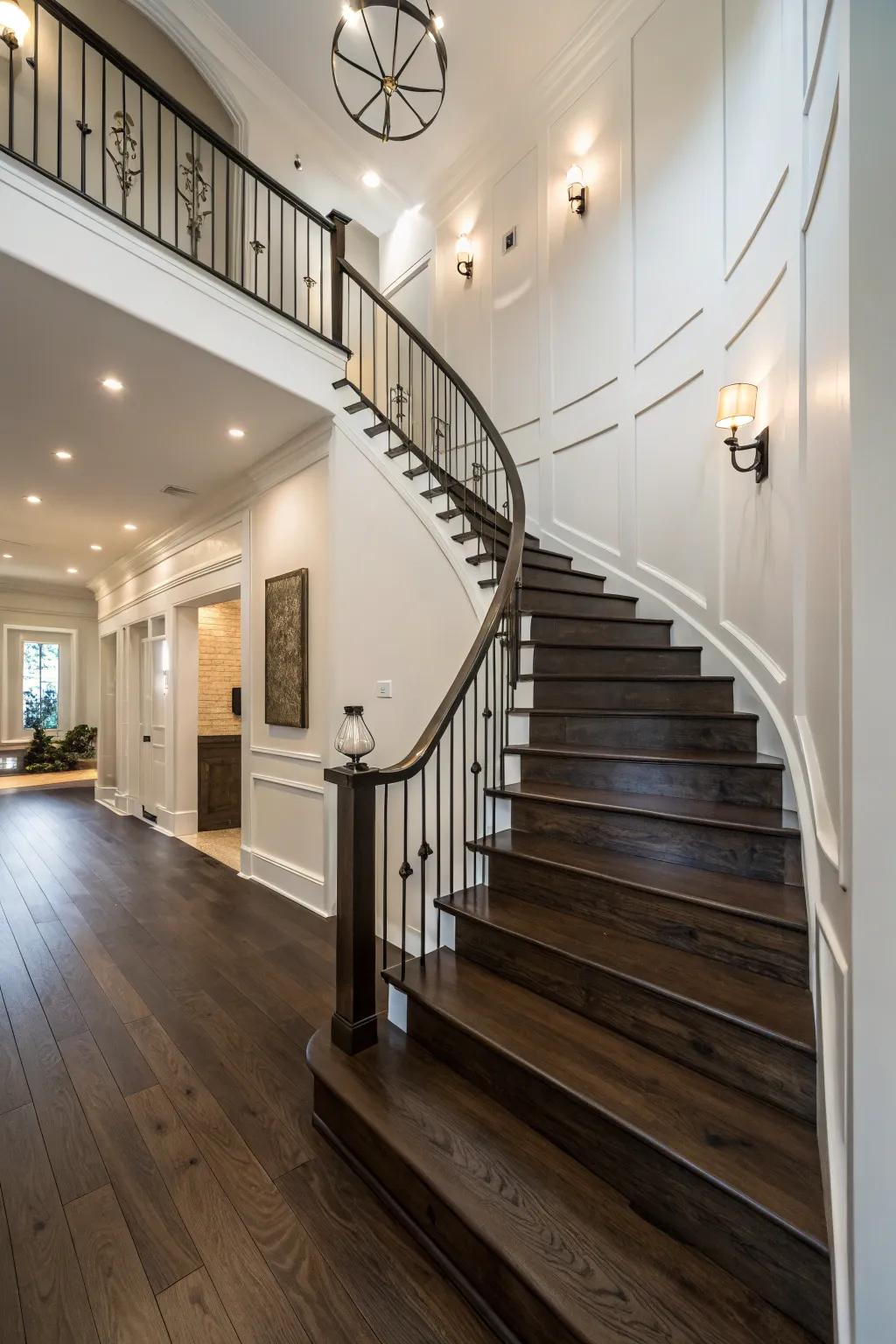 Deep-toned wood steps introduce a dramatic comparison against bright walls.