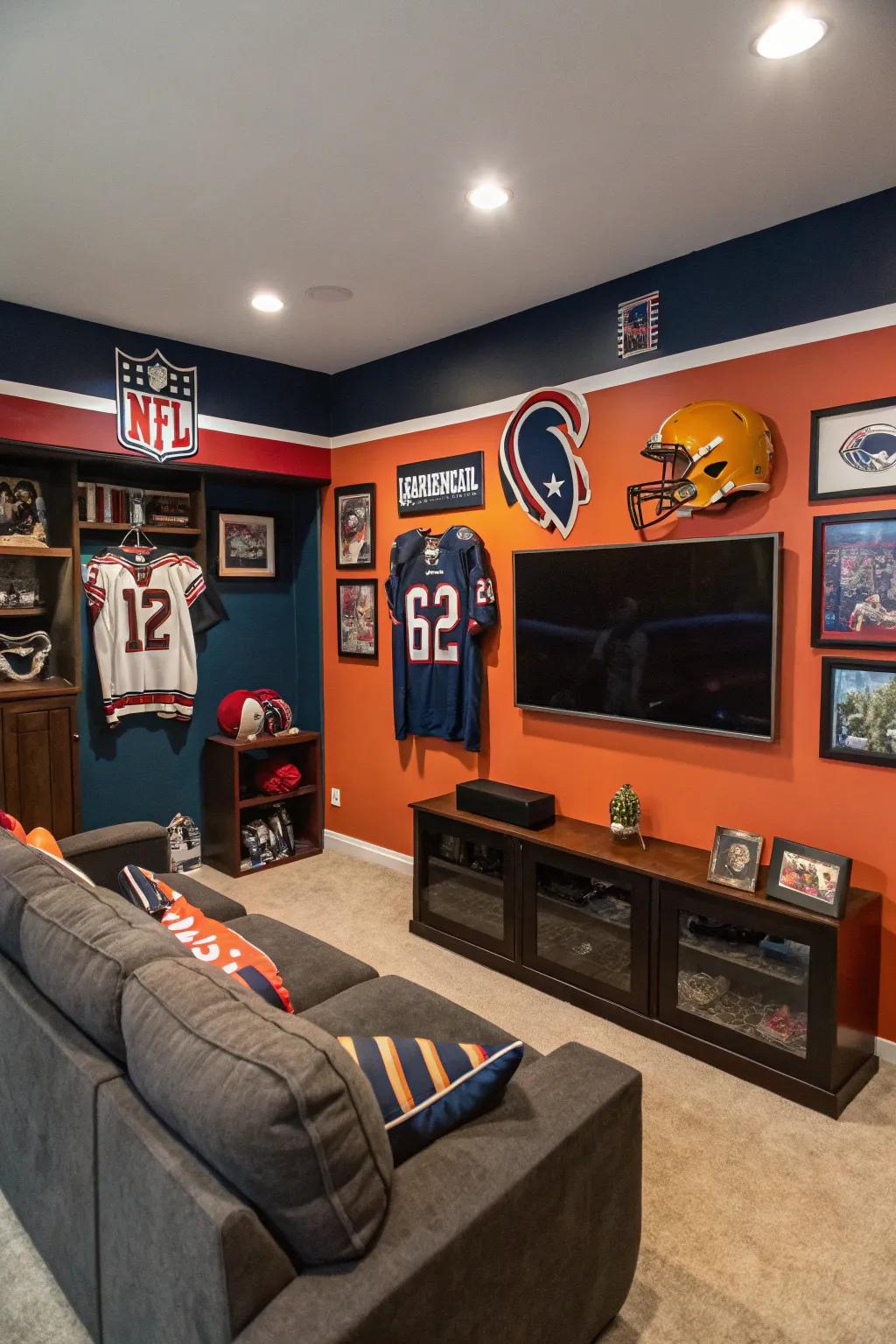 Team branding infuses this man cave with a sense of personal connection.