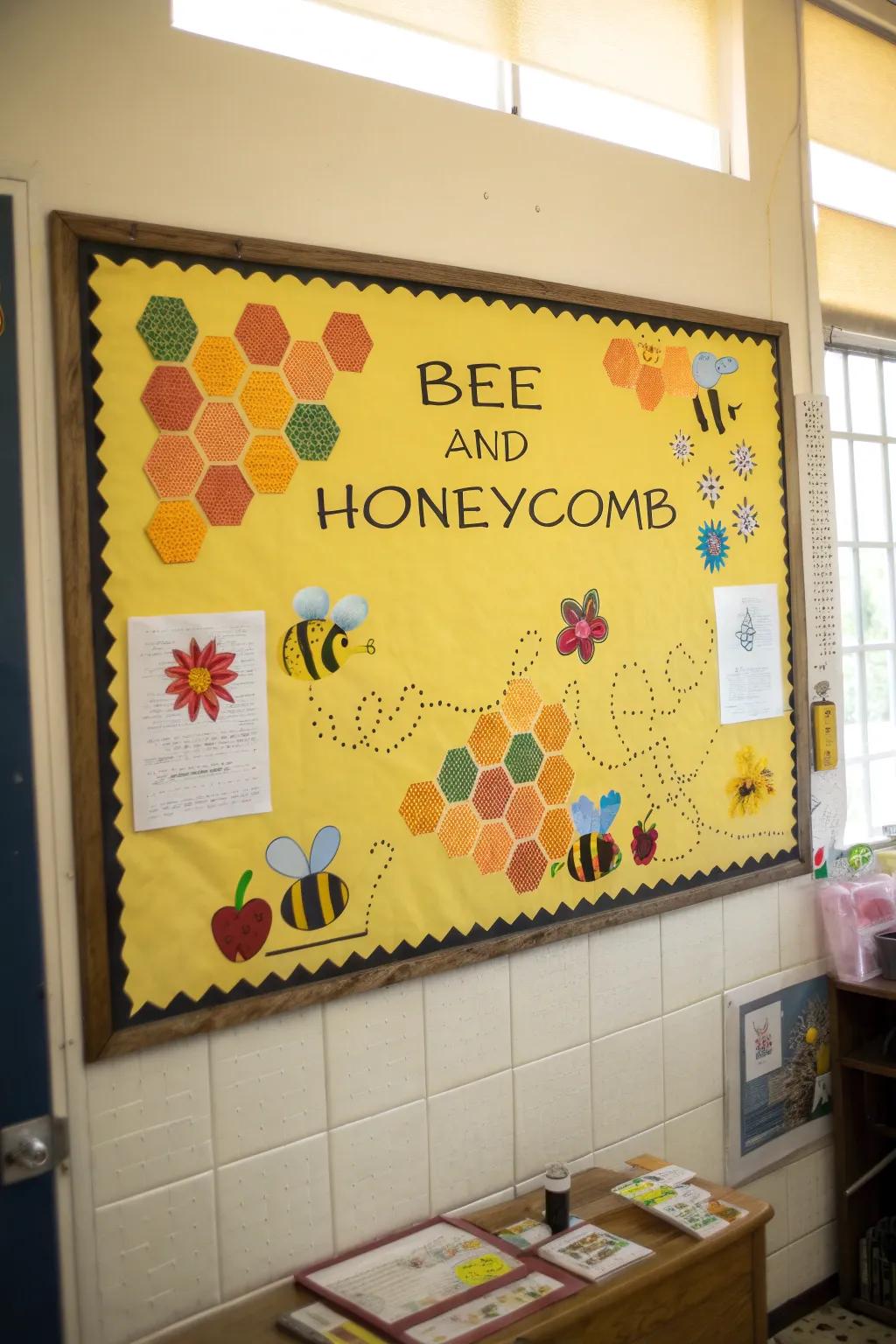 A bee-themed office mood board showcasing honeycomb patterns and inspiring messages.