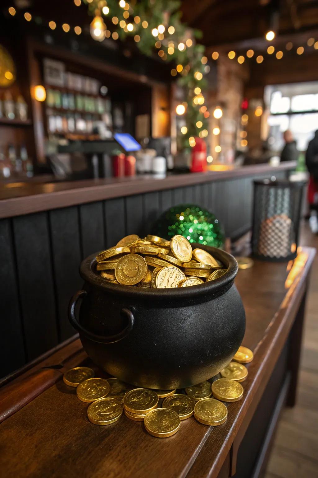 A whimsical treasure trove brings a playful touch to your St. Patrick's Day bar.