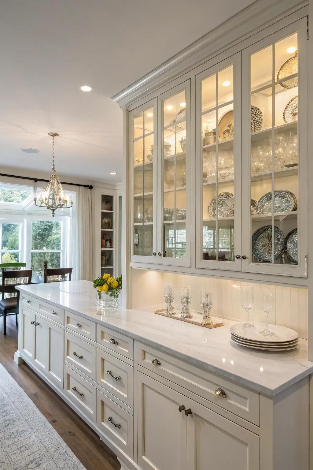 Clear-panel cabinets foster a welcoming ambiance by showcasing stunning tableware.
