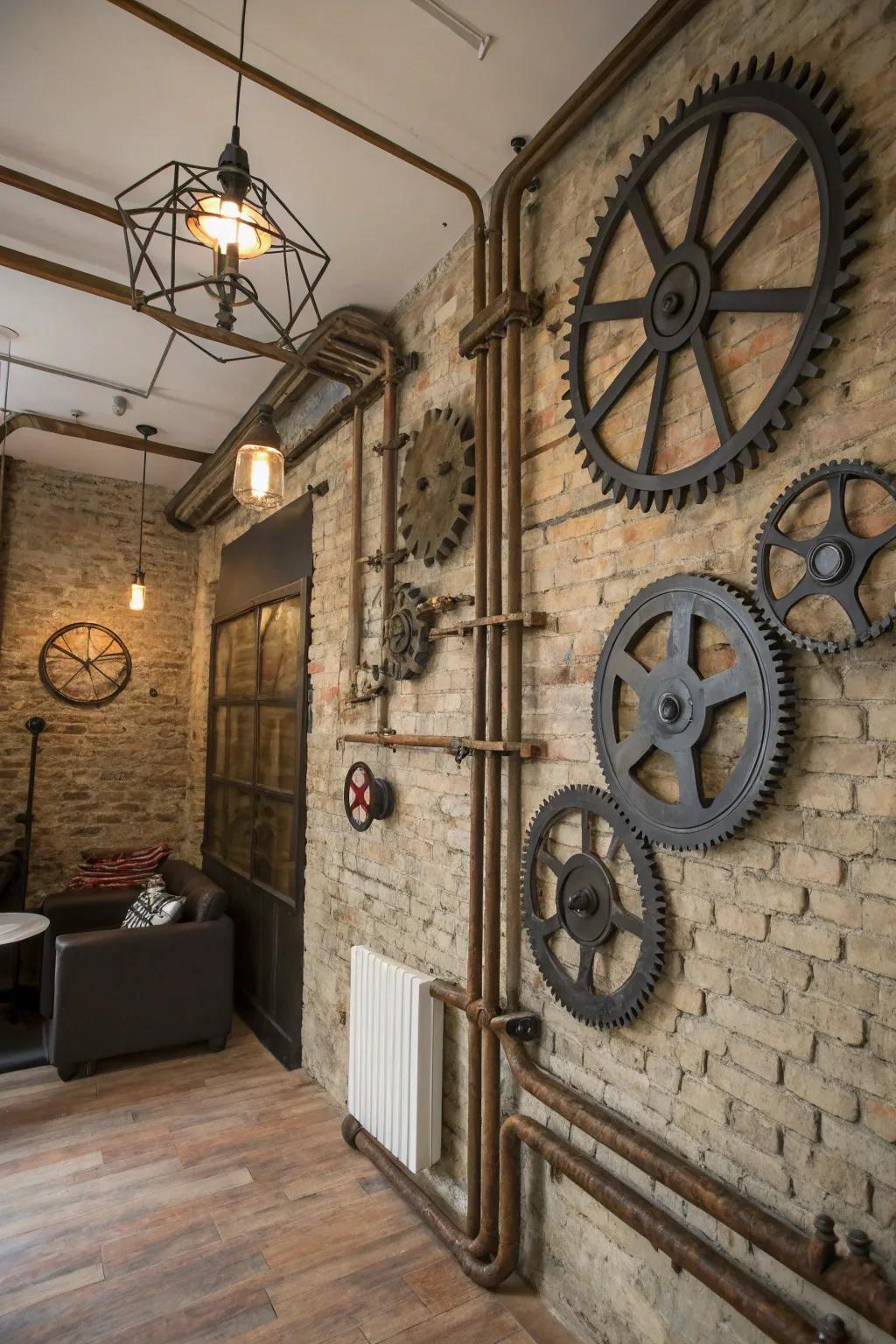 Exposed brick walls give a raw charm to this steampunk-inspired interior.