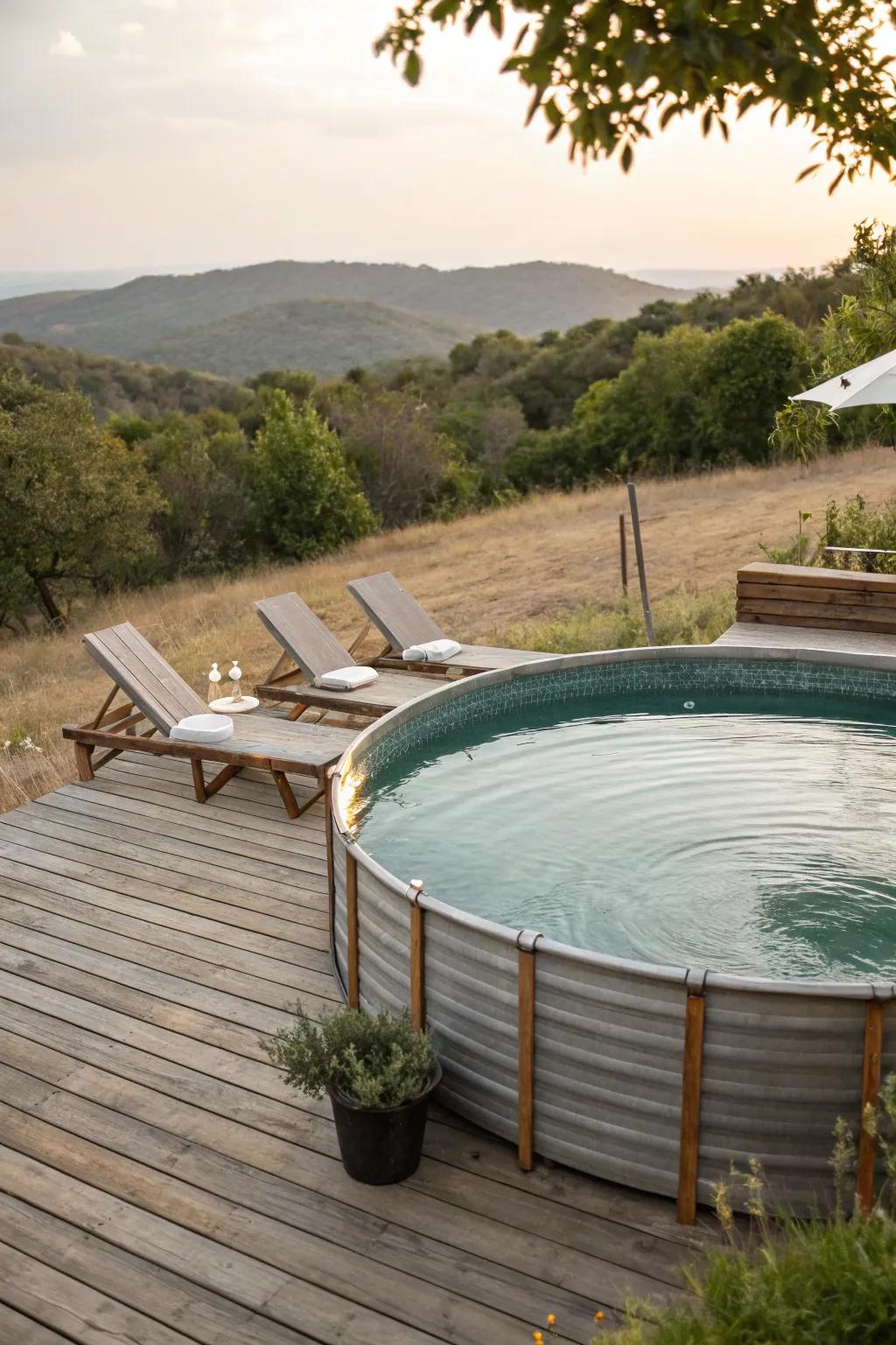 A timber deck morphs a water trough pool into an opulent getaway.