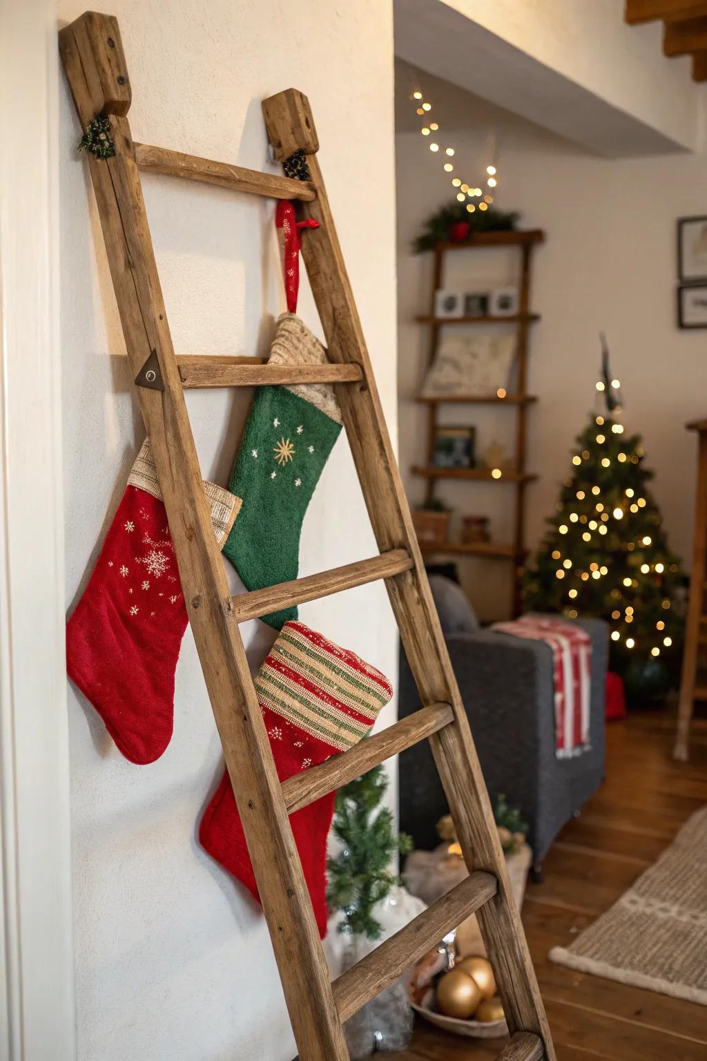 A rustic ladder showcasing stockings, creating a snug, farmhouse atmosphere.