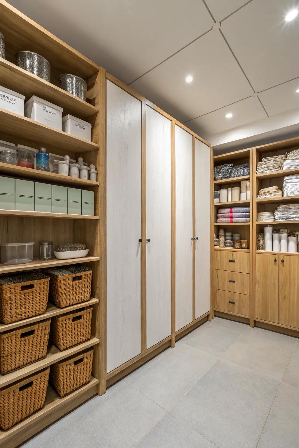 A blend of open and closed storage ensures accessibility and order.