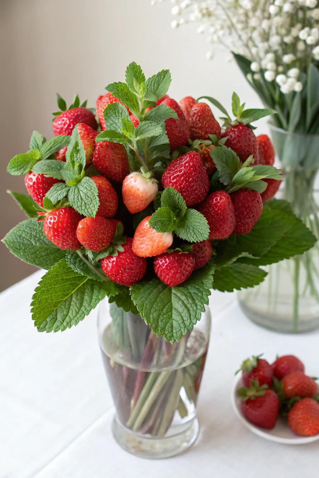 A stunning edible bouquet of strawberries enhanced by refreshing mint sprigs.