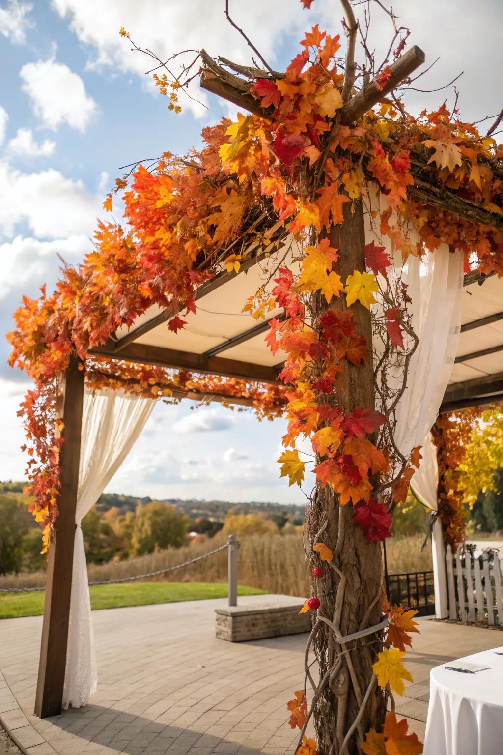 A warm sukkah enhanced with bright autumnal leaves and twigs.