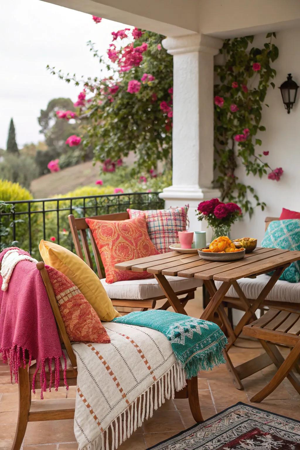 A veranda has been transformed into an attractive outdoor sanctuary with colorful decorative elements.