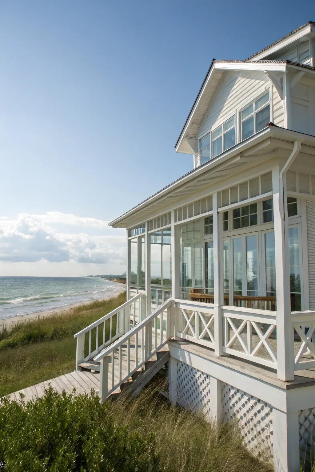 A summer house in coastal white, offering a refreshing seaside escape.