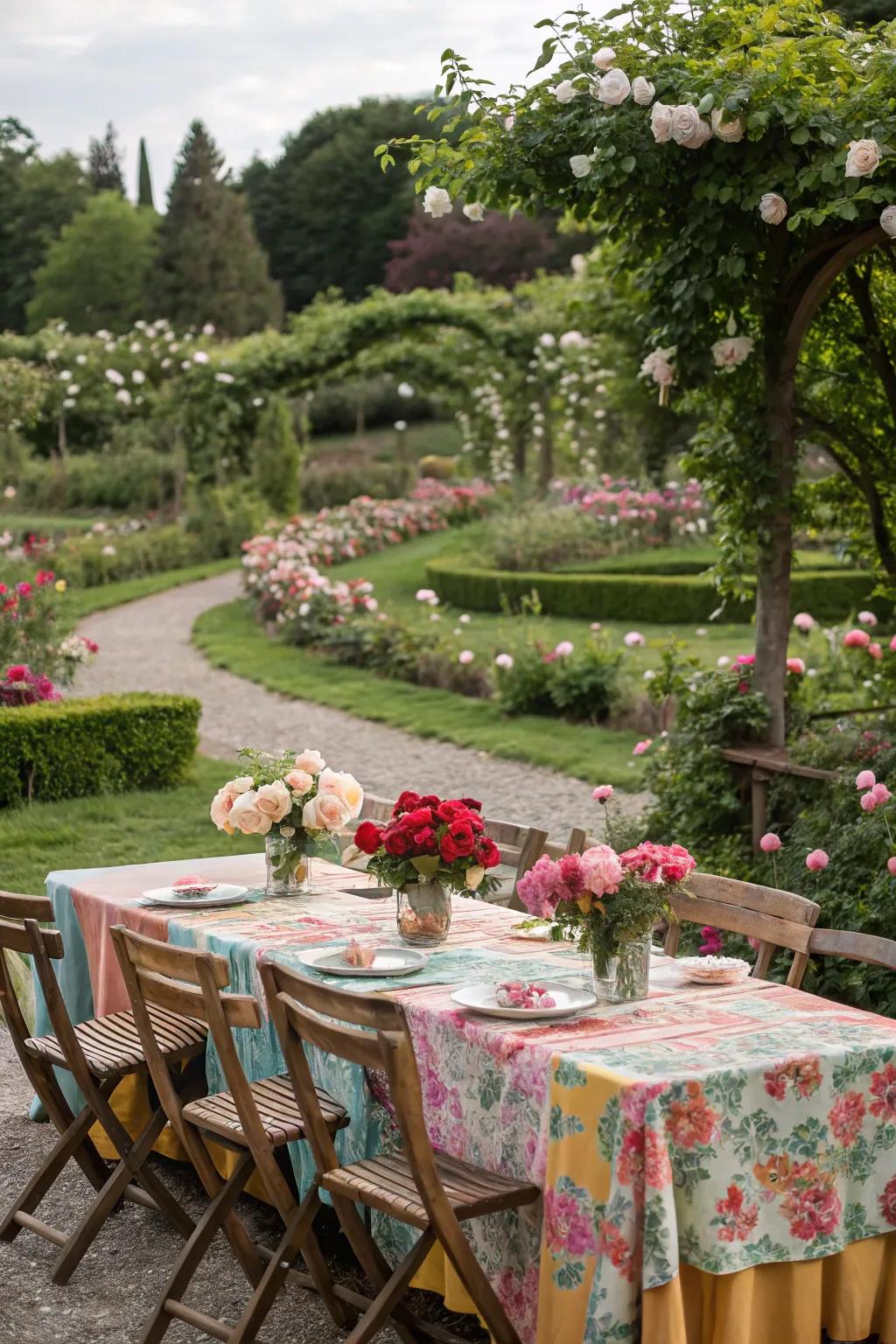 An al fresco dining arrangement featuring rustic tables and colorful textiles.