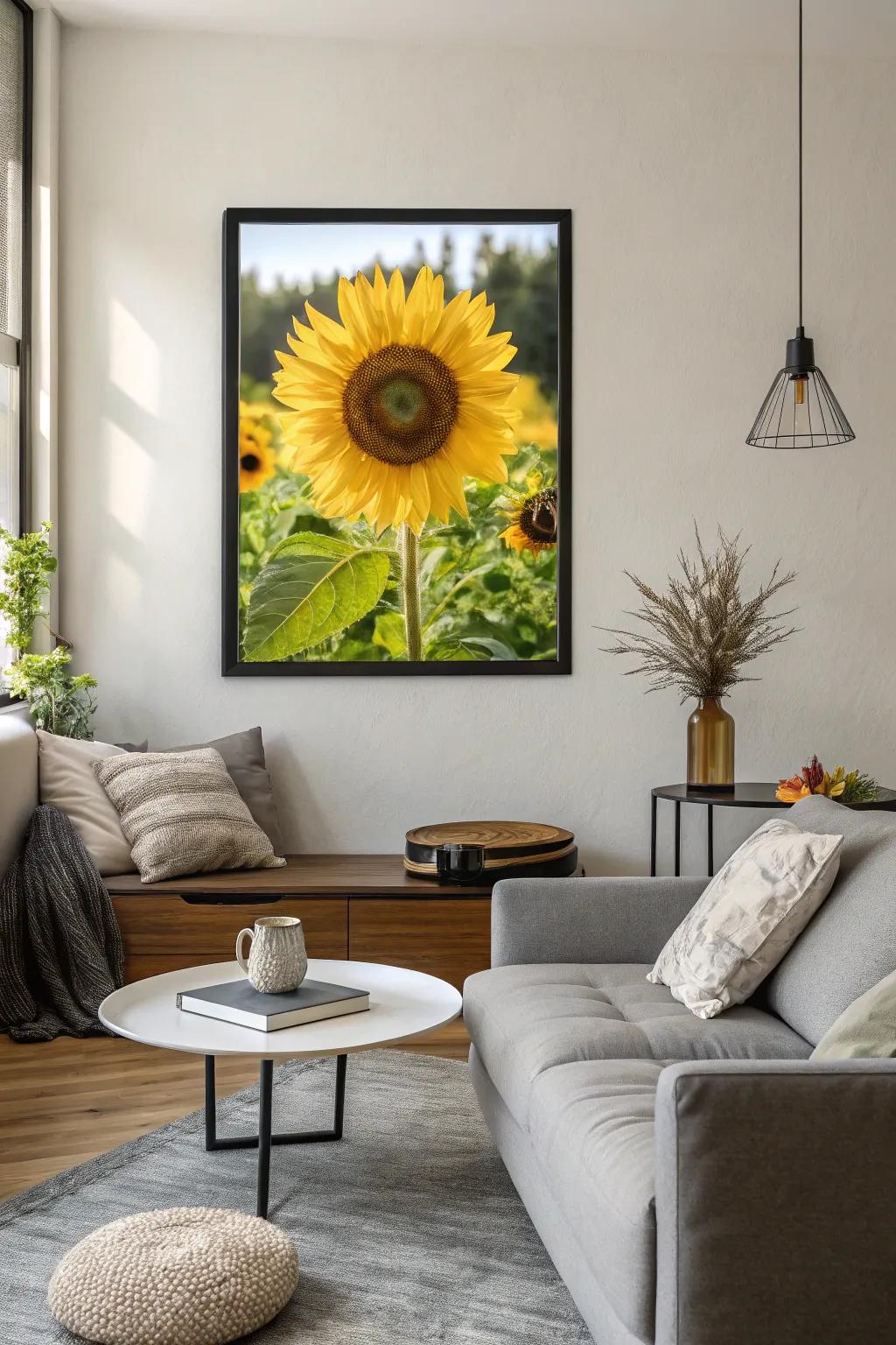 Framed sunflower art adding a warm element to the ambiance.