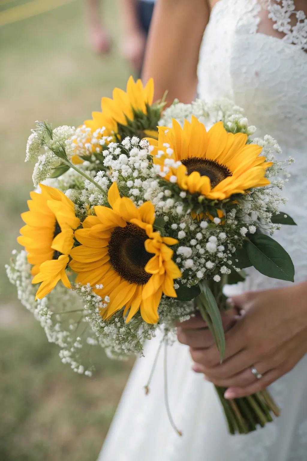An eye-catching bridal posy featuring sunshine blooms and cloud blossoms.