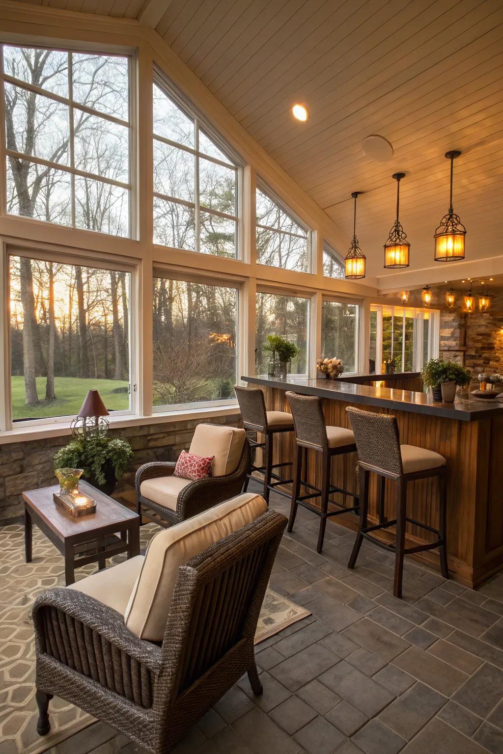 A snug seating spot within your sunroom bar promotes social interaction and a sense of comfort.