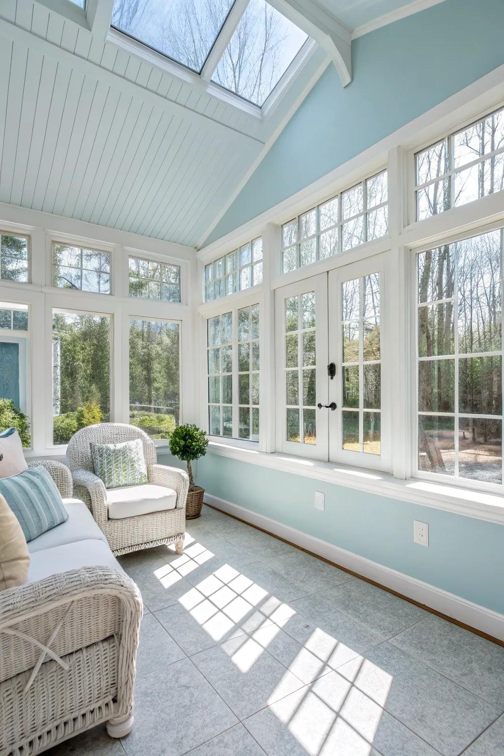 Light colors enhance the sunroom's openness and tranquility.