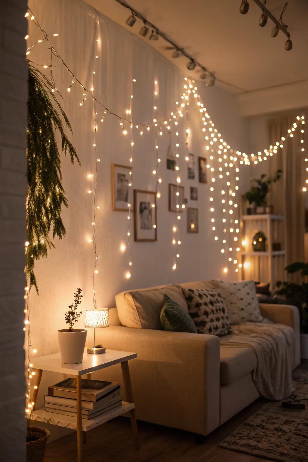 An inviting room aglow with softly glimmering lights.