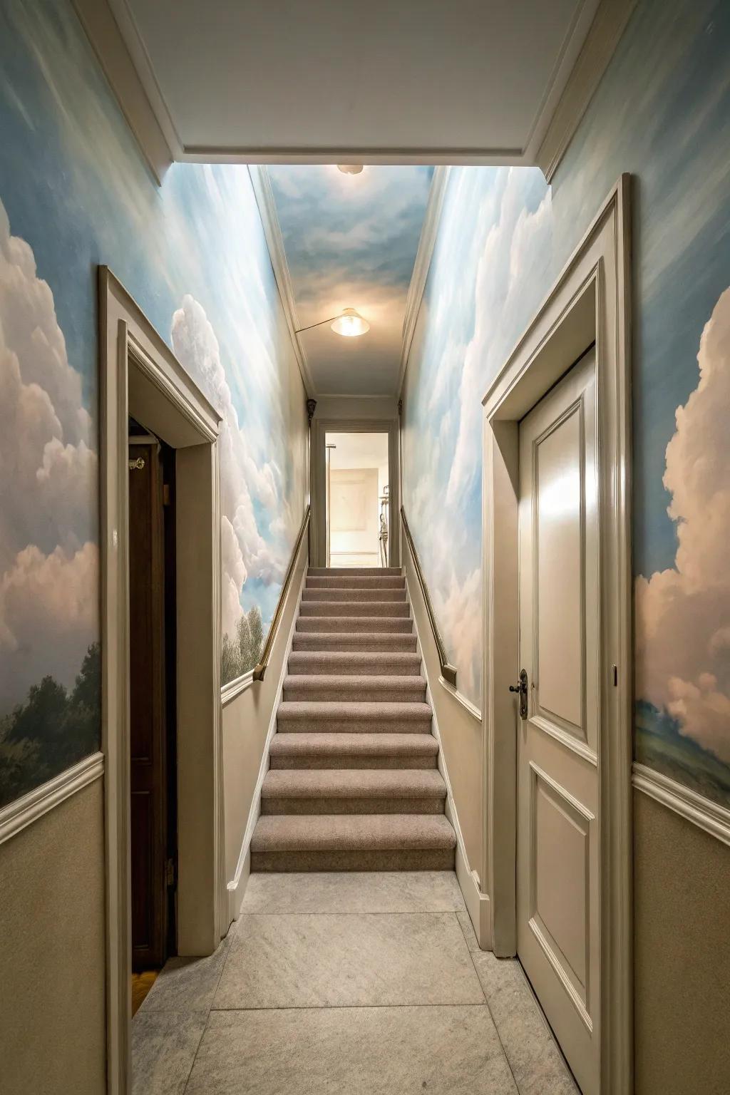 A hallway presents stairs leading to a surreal sky.