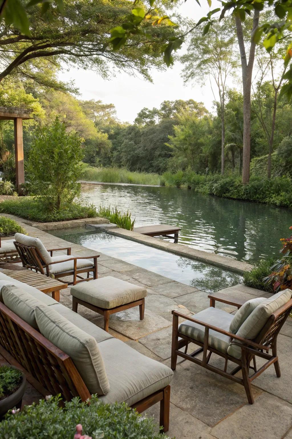 A cozy seating area by the pond invites you to relax and enjoy the view.