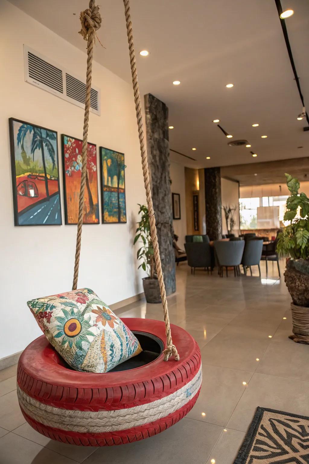 Make a statement with an upcycled auto-tire swing that brings a sense of playfulness to your living area.