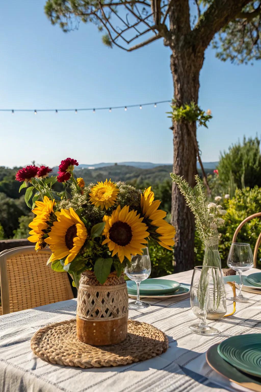 Sunflowers displayed in a natural vase bring a cheerful element to any barbecue setting.