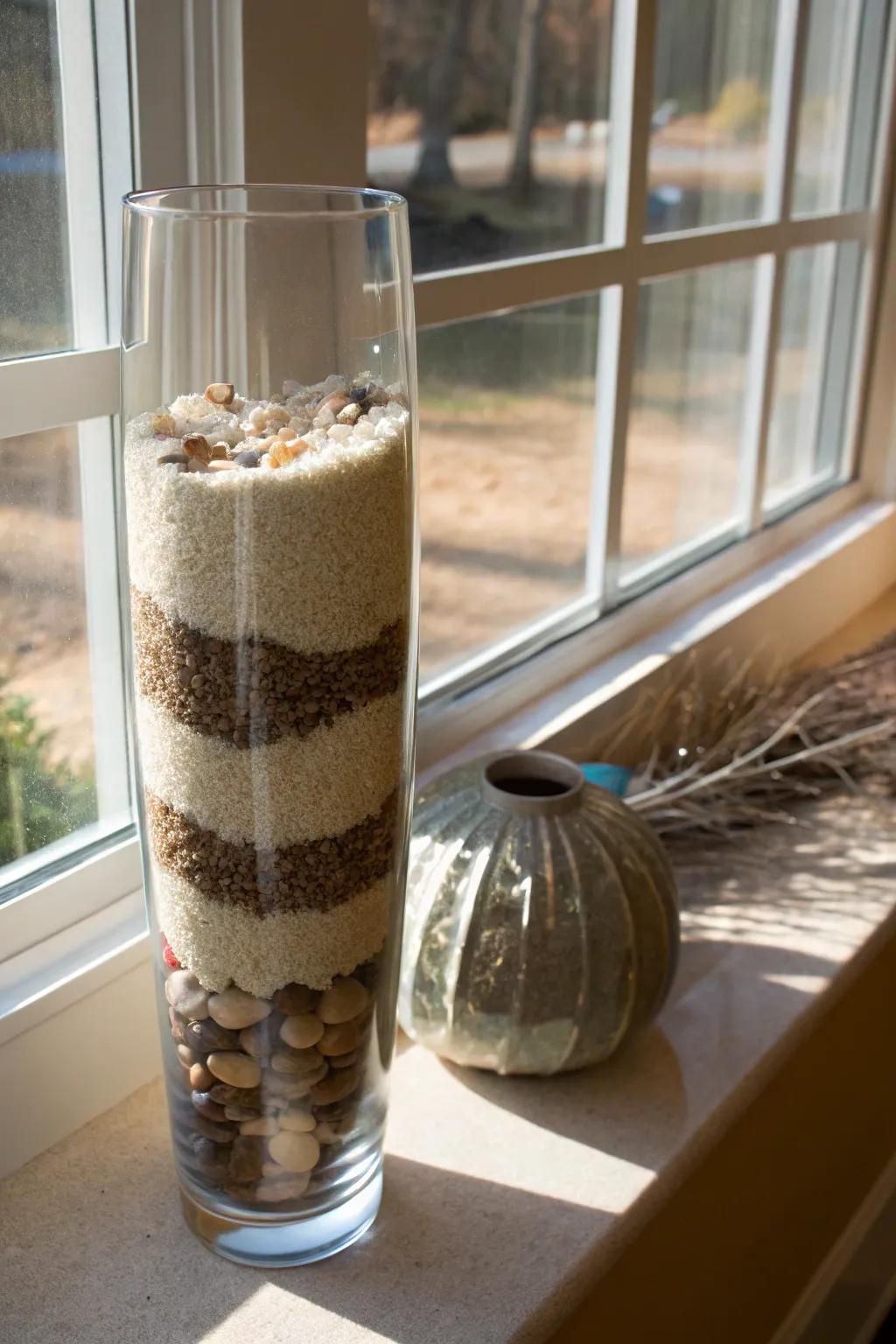 A peaceful tall glass vase exhibiting layers of sand and pebbles, embodying a coastal spirit beside the window.