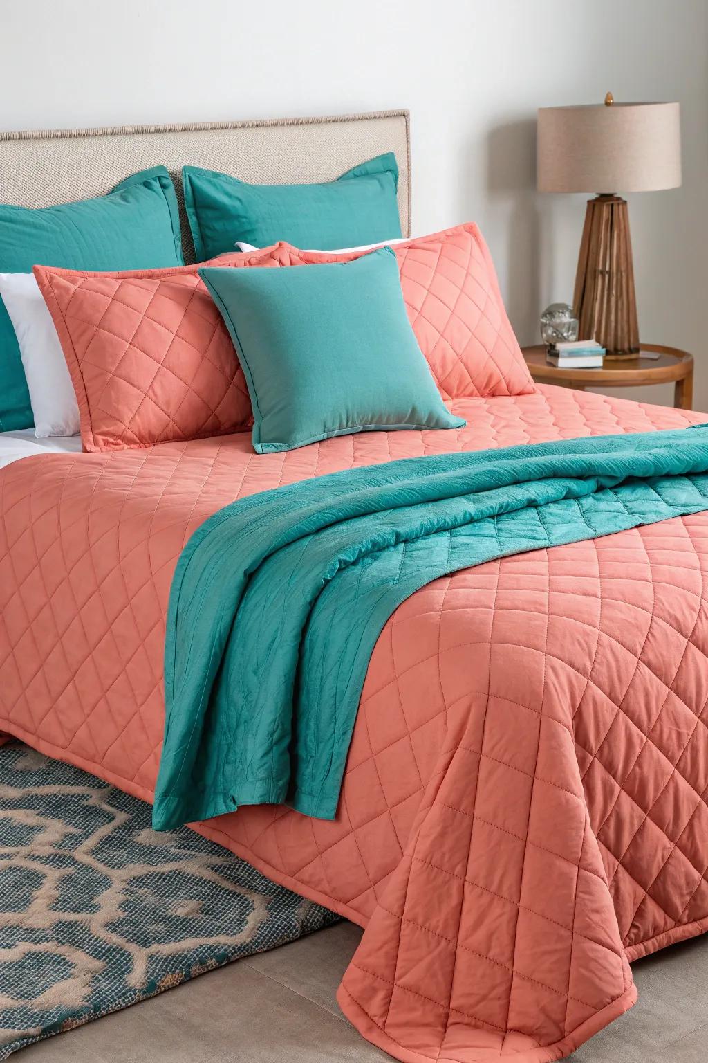 Sunset-orange bedding blends seamlessly with sea-green throws, offering a gentle touch.