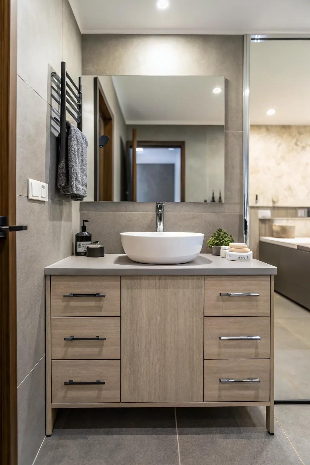 Contemporary components bring a smooth and neat seek to a teenage boy's bathroom.