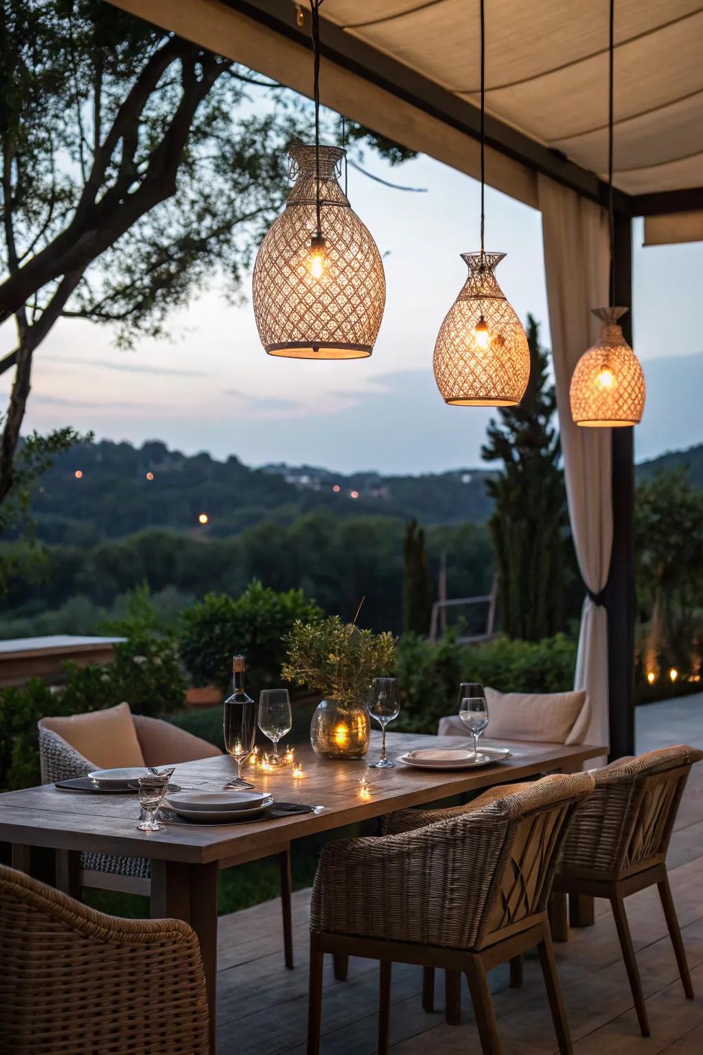 Elegant pendant lights elevate your outdoor dining experience.