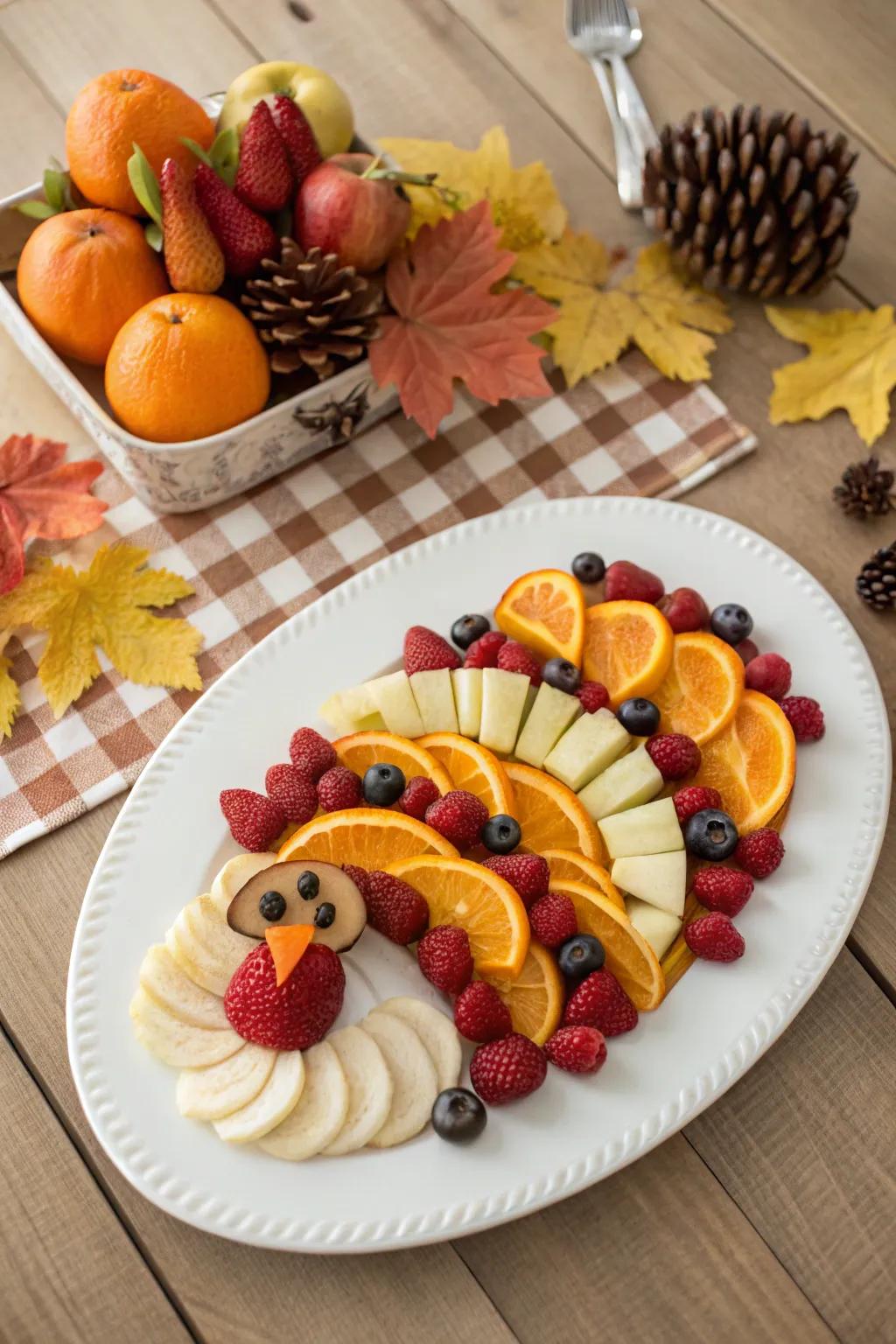 A vibrant and playful turkey-shaped fruit platter, appealing to guests of all ages.