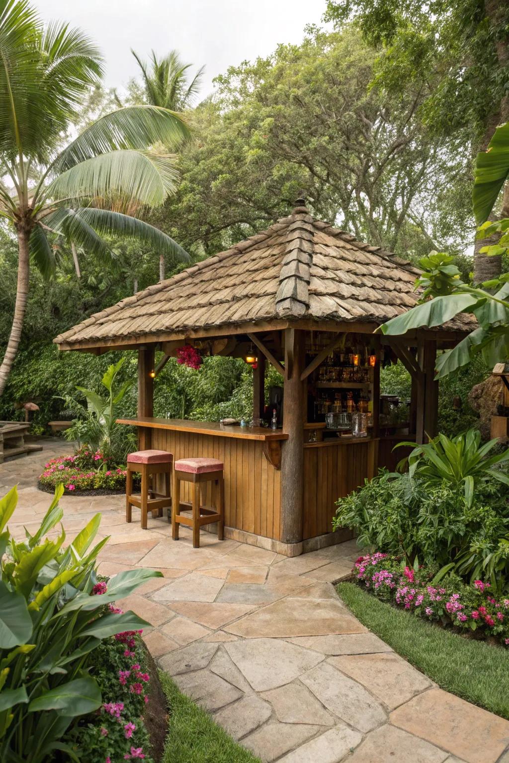 Rustic timber shingles impart lasting beauty to your tiki bar.