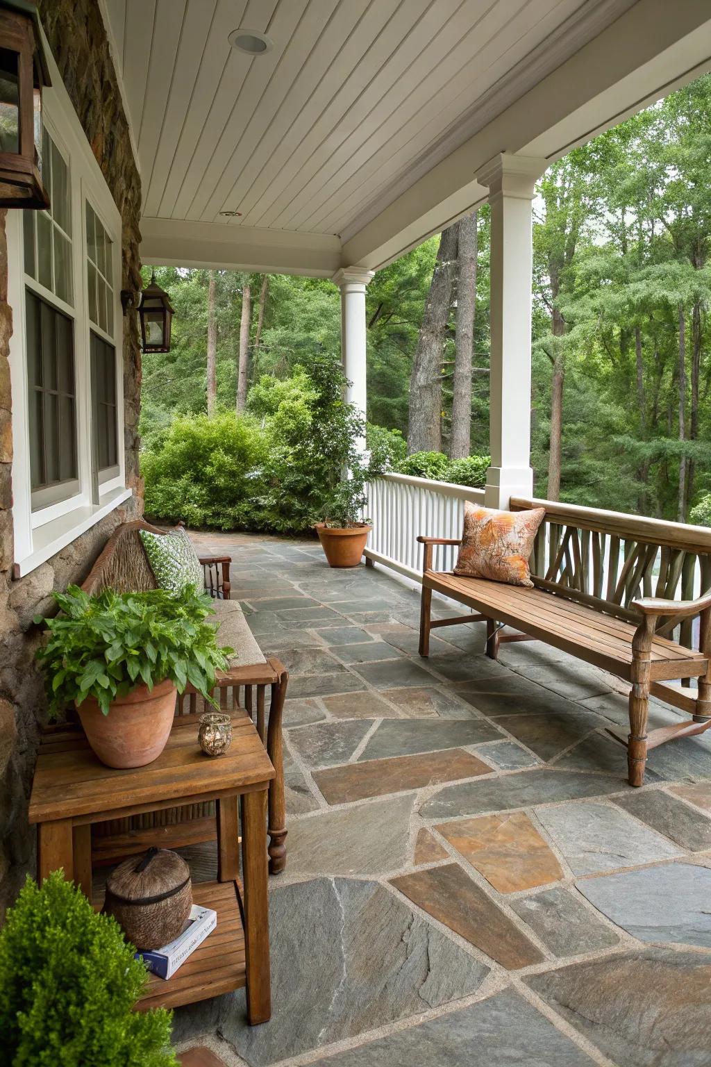 Natural stone tiles cultivate a rustic and inviting ambiance on this porch.