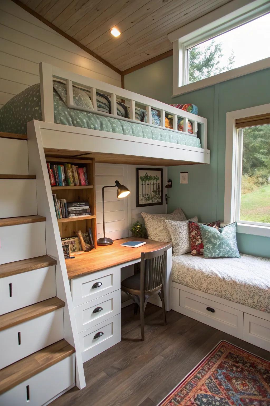 A raised bed design that frees up floor space, creating a cozy spot for a desk underneath.