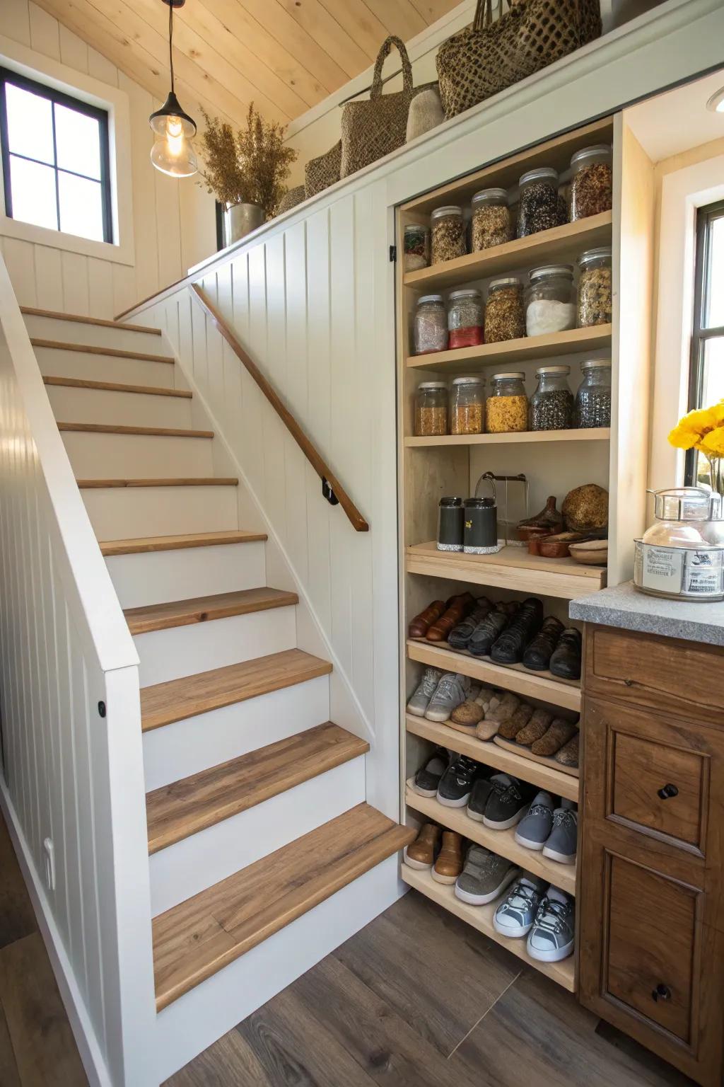 Under-stair cabinets that maximize storage in a tiny home