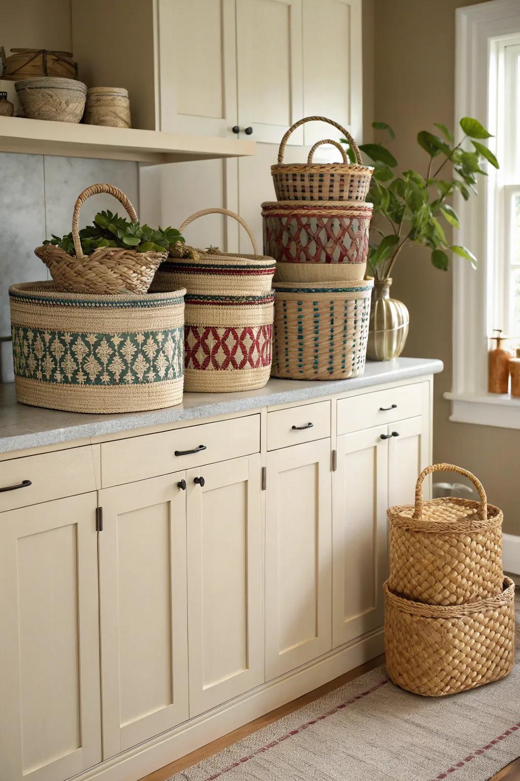Woven baskets bring texture and warmth to your kitchen decor.